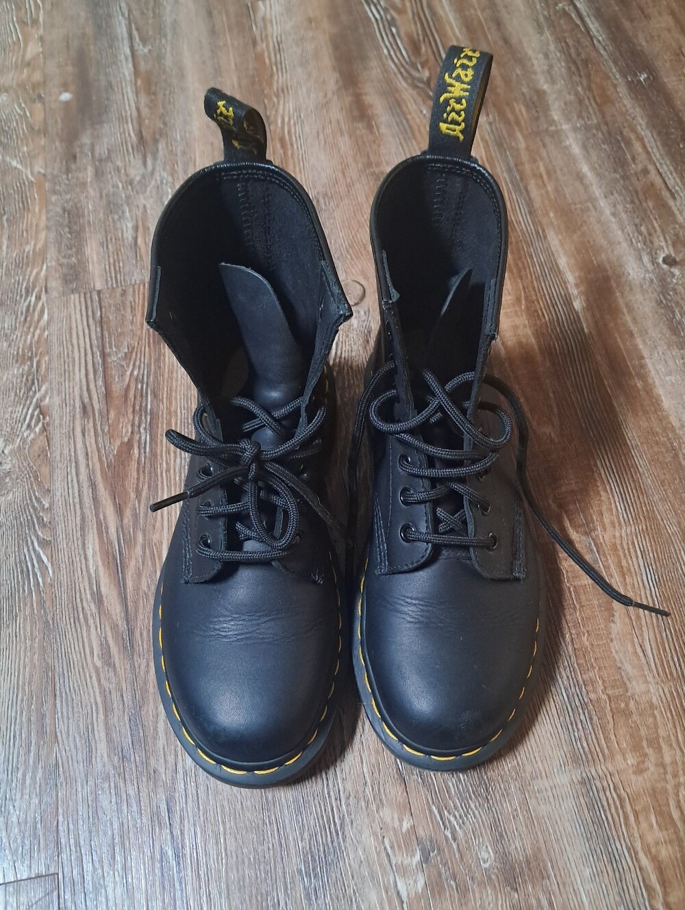 Dr. Martens Original 1460 Black Leather Lace-Up Boots Yellow Stitching Sz. 5M/6W